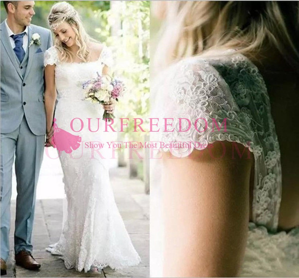 Vintage Beach Cape Sleeve Wedding Dresses Scoop Neck Long Full Lace Back Zipper Country Garden Style Bridal Gown Custom Made