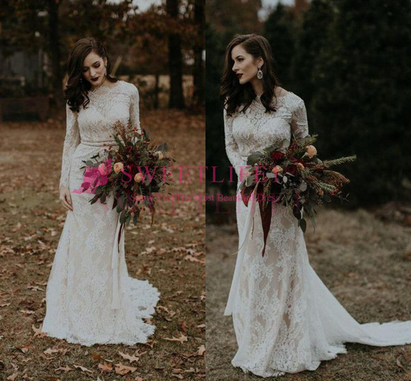 Romantic Backless Wedding Dresses Long Sleeve Sheath Full Lace Sweep Train Country Style Rustic Wedding Dresses Bridal Gown