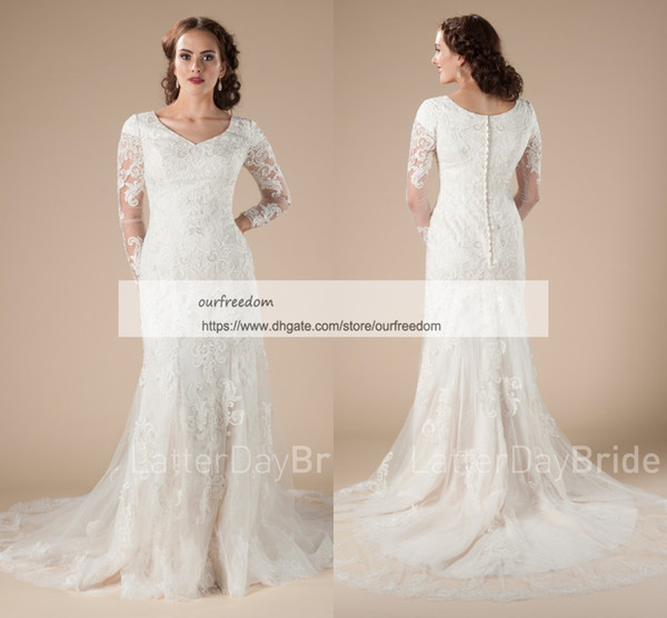 Cheap V Neck Wedding Dresses With Long Sleeve Sheath Appliques Lace Tulle Sweep Train Garden Rustic Style Bridal Gown Custom Made