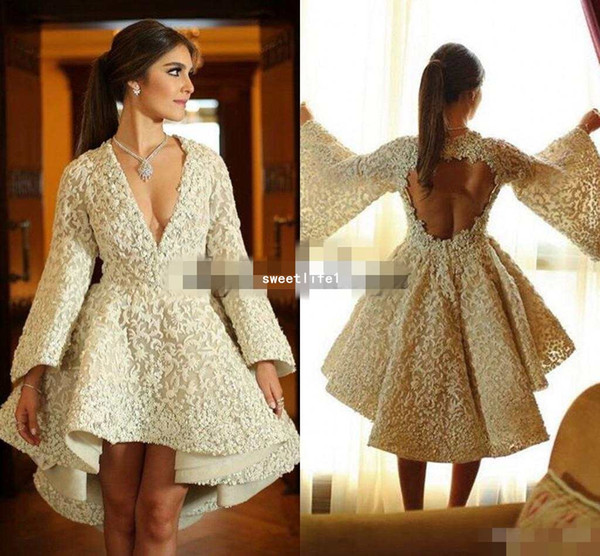 3D Lace Applique Sexy Short Holiday Bridal Wedding Gown Keyhole Back V-neck Ruffles Puffy Skirt Long Sleeve Wedding Dress Ashi studio