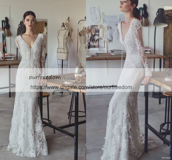 Lihi Hod Bohemian Lace Wedding Dresses With Long Sleeve Mermaid Beach Wedding Dress V Neck Sweep Train Boho Bridal Gowns