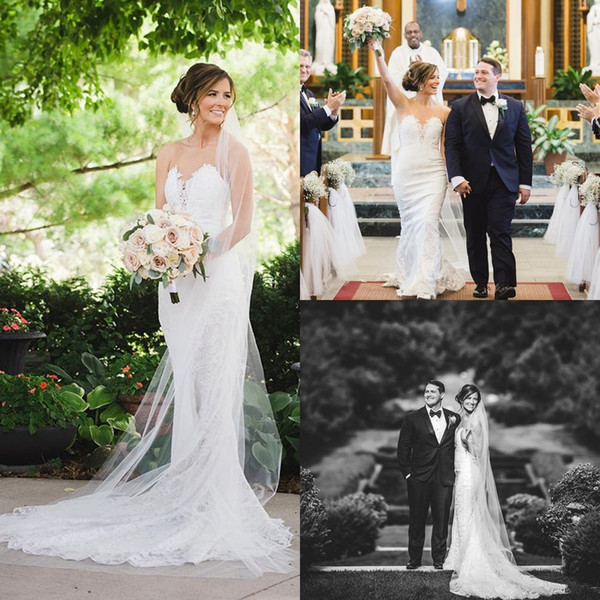 Elegant Berta Lace Wedding Dresses Sheer Jewel Neck Full Lace Sheath Sweep Trian Chic Rustic Style Bridal Gown Custom Made Hot Sale
