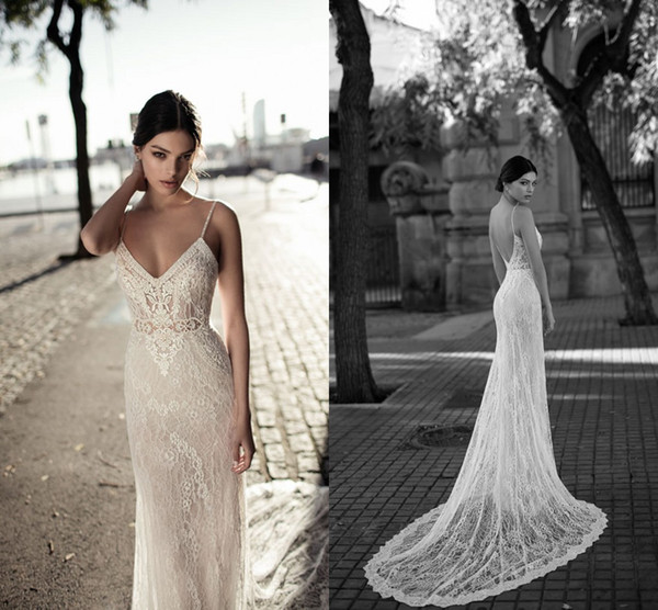 Gali Karten Elgant Spaghetti Straps Wedding Dresses Full Lace Sheath Sweep Train Boho Beach Wedding Dresses Bridal Gowns Custom Made