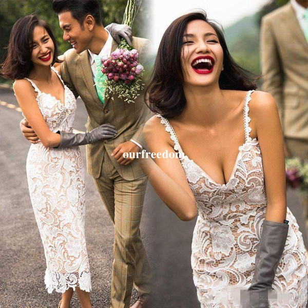 Sexy Lace Beach Wedding Dresses Spaghetti Straps Full Lace Sheath Ankle Length Bridal Gown Wedding Dresses Custom Made