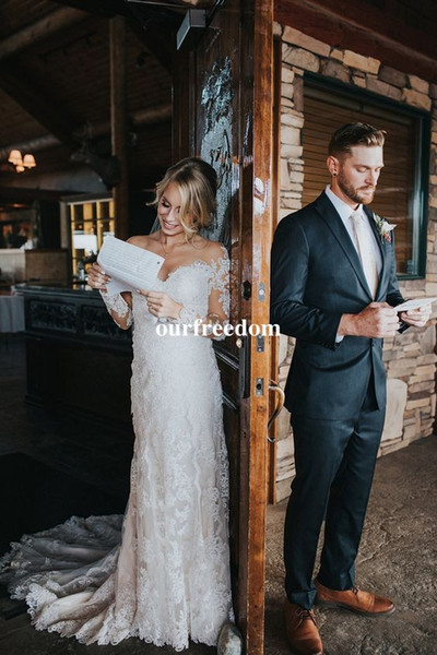 New Arrival Full Lace Wedding Dresses Long Sleeve Sheer Jewel Neck Back Cover Button Sweep Train Autumn Country Style Bridal Gown