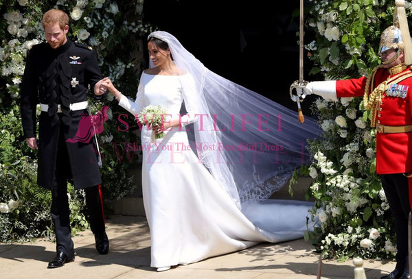 New Prince Harry&Meghan Markle Wedding Party Gowns Bateau Neck Long Sleeves Wedding Dresses Long Sweep Bridal Dresses