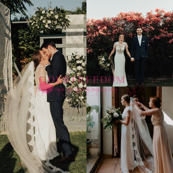 Rustic Style Sheer Jewel Neck Wedding Dresses Sheath Floor Length Short Sleeve Lace Appliques See Though Bridal Gown For Country Weddin