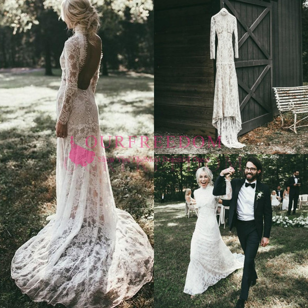 Bohemian High Neck Lace Wedding Dresses Sexy Backless Sheath Sweep Train Rustic Style Country Wedding Bridal Gown Custom Made