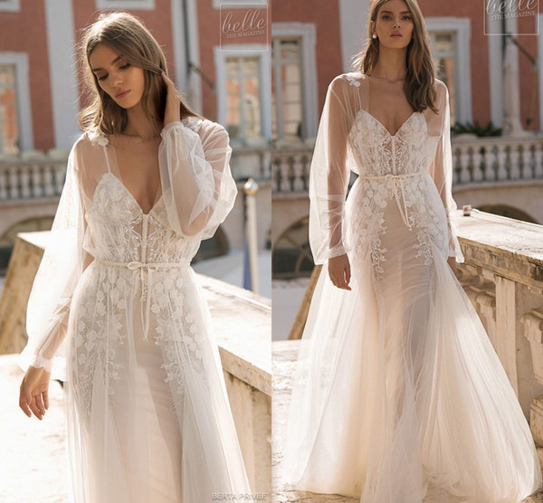 Berta Long Sleeve Wedding Dresses V Neck Lace Appliques Sheath Tulle Beach Garden Boho Wedding Dresses Bridal Gown Custom Made Hot Sale