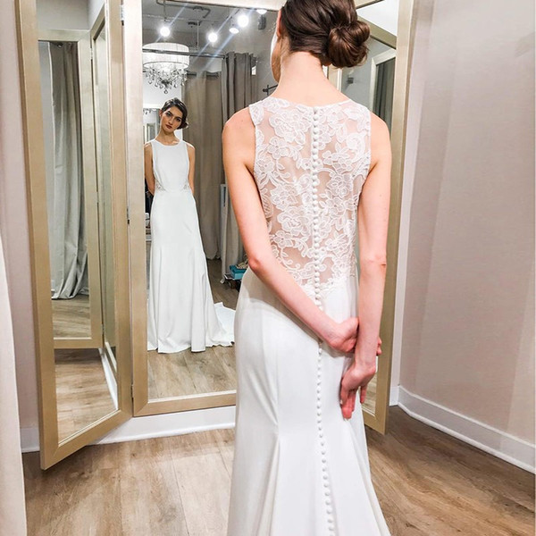 Beach Wedding Dress Sheath Round Neck Sweep Train with Lace Sheer Back Cover Button Chic Bridal Gown For Uk Style Simple Design