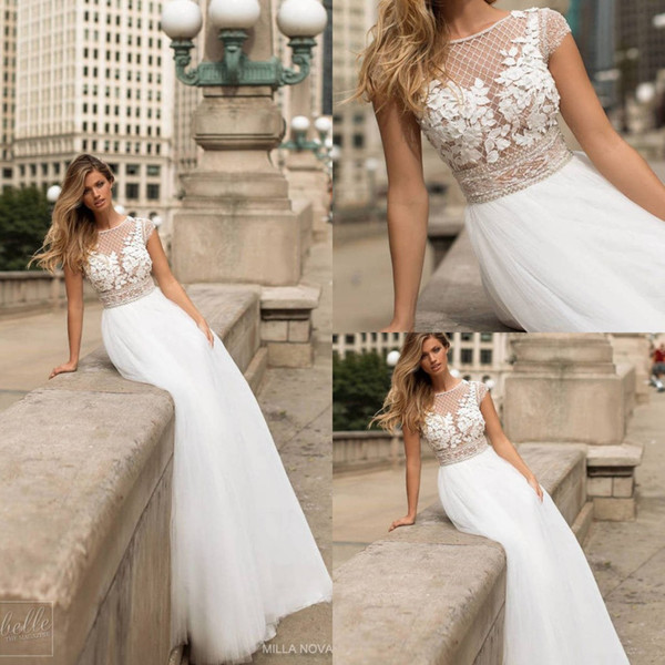 Milla Nova Sheath Wedding Dresses Jewel Neck Cape Sleeve Lace Appliques Beaded Tulle Floor Length Boho Beach Bridal Gown Vestidos De