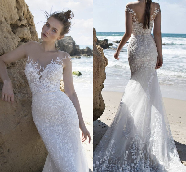 Limor Rosen Beach Wedding Dresses Lace Appliqued Illusion Neck Cap Sleeves Bridal Gowns Arabic Vestidos Wedding Dress