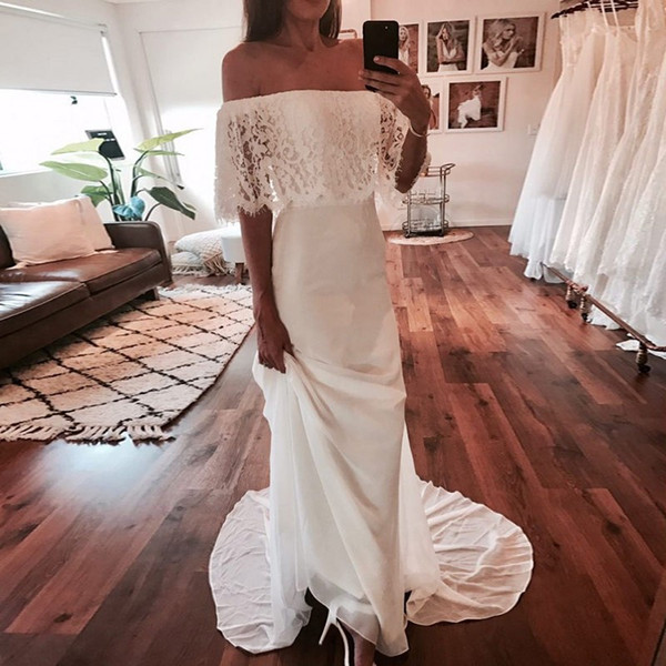Mermaid Sheath Off-the-Shoulder Bridal Gowns Chiffon Beach Wedding Dress with Lace Sweep Train Country Bohemian Style Bridal Dresses