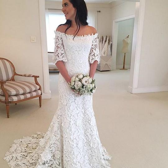 Elegant White Off Shoulder Wedding Dresses Half Sleeves Lace Country Style Fall Winter Bride Gowns Custom Made Hot Sale