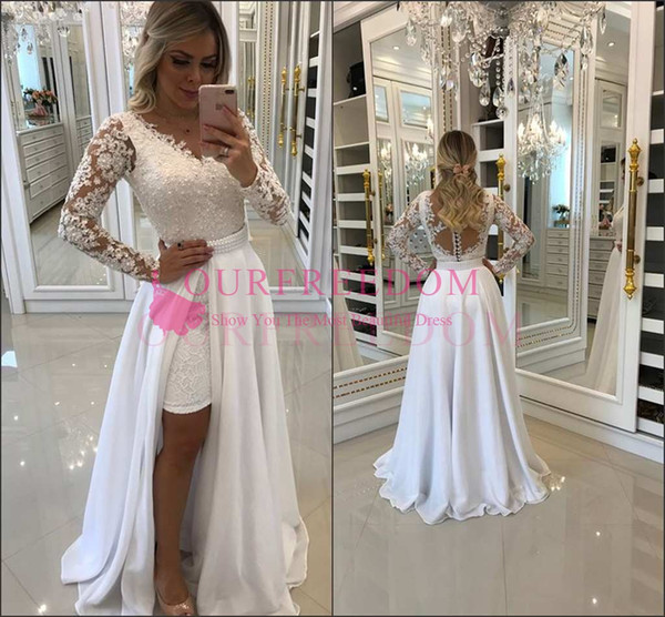 Chic COuntry Style V Neck Wedding Dresses Long Sleeve Pearls Beaded Appliques Lace Detachable Train Bridal Gown Custom Made