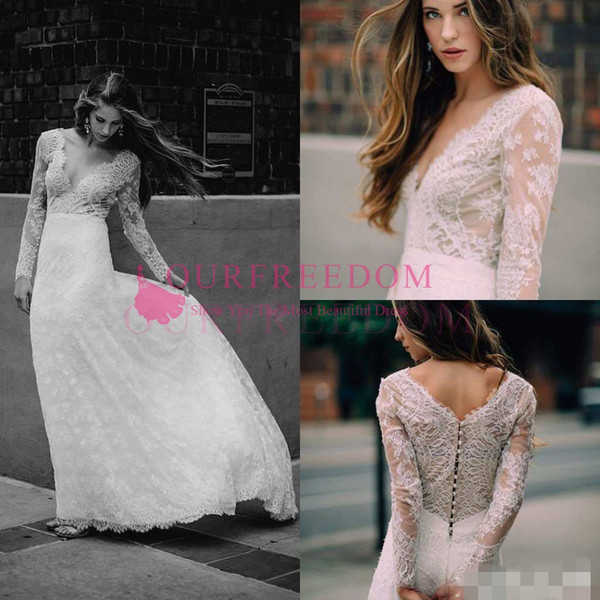 Fairy Boho Lace Wedding Dresses Sexy V Neck Long Sleeve Back Cover Buttons Sheath Full Lace Boho Beach Garden Bridal Gown Custom Made