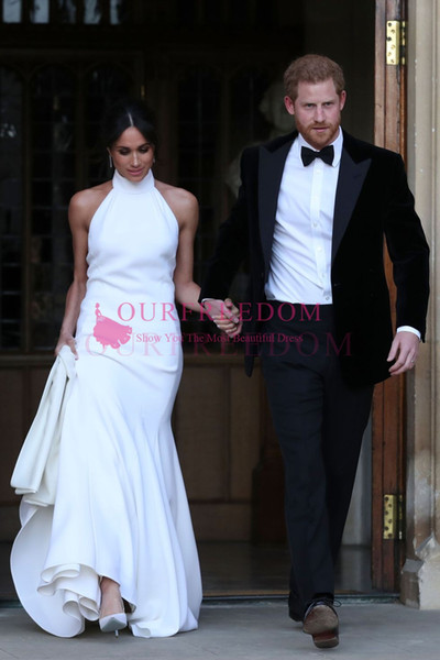 Prince Harry and Meghan Markle's Wedding Dresses Halter Sheath Style White Satin Sweep Train Bridal Gown Custom Made For Church Castle