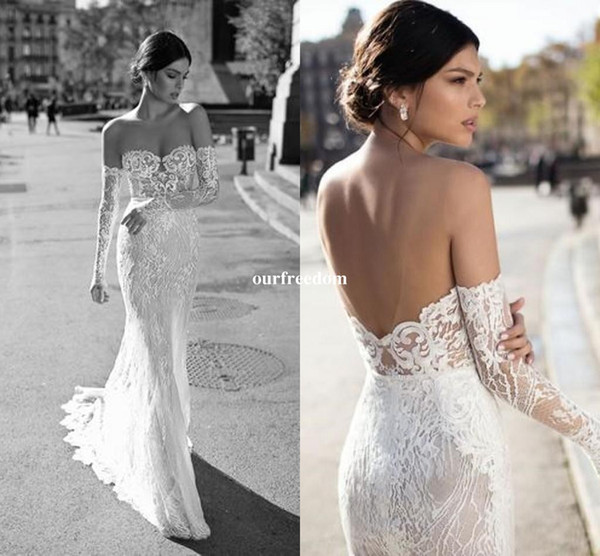 Gali Karten V Neck Sheath Wedding Dresses Lace Appliuques V Back Sweep Train Long Sleeve Bridal Gown Custom Made Hot Sale