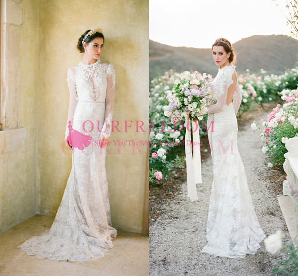 Elegance French Lace Wedding Dresses Long Sleeve Backless Sheath Sweep Trian Bohemian Rustic Style Bridal Gown Custom Made Hot Sale