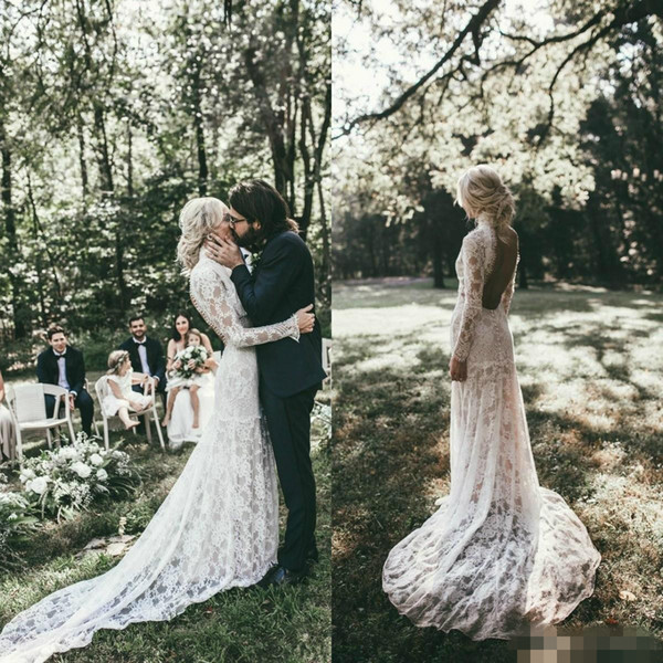 Fashion Country Garden Mermaid Wedding Dresses High Neck Long Sleeve Full Lace Backless Amazing Bridal Gowns Robe De Mariée Soirée