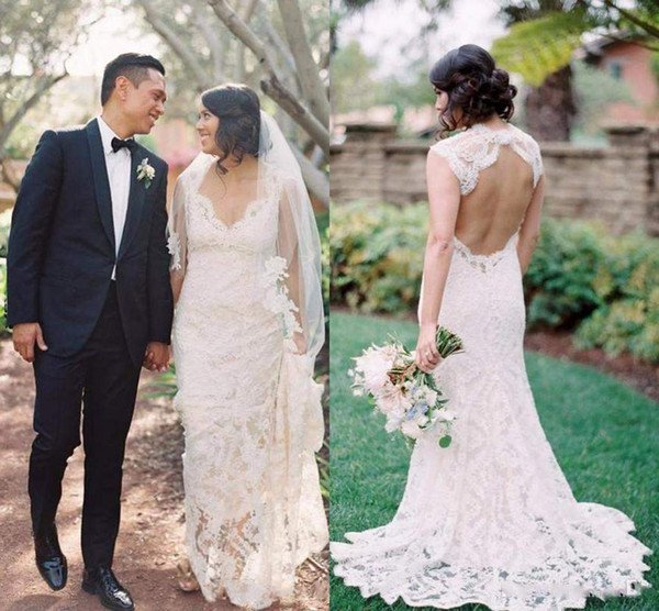 Lace Country Beach Wedding Dresses Sexy Backless V Neck Cap Sleeves Plus Size Vintage Bohemian Style Simple Bridal Gowns