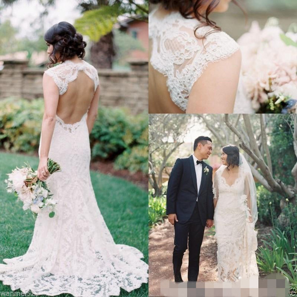 Modest Open Back Full Lace Wedding Dresses V Neck Sweep Train Country Bridal Gown Hot Sale Sheath