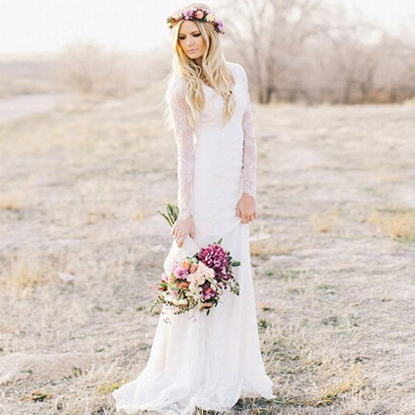 Bohemian Lace Wedding Dress Sheath V-neck Long Sleeves Sweep Train Beach Garden Chic Bridal Dresses For Winter Fall Uk Style