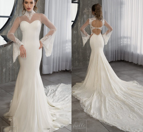 Riki Dalal Elegant High Neck Wedding Dresses Backless Long Sleeve Sheath Point Lace Chiffon Court Train Beach Bridal Gown