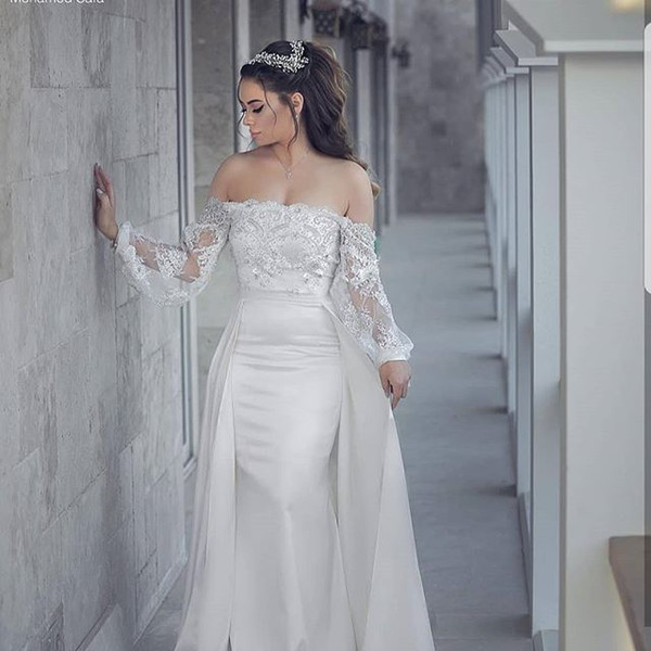Elegant Bateau Neck Wedding Dresses Long Sleeve Lace Appliques Detachable Train White Stain Sheath Bridal Gown Custom Made Hot Sale
