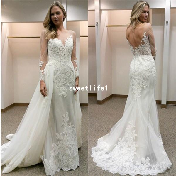 Open-Back Wedding Dress Simple Appliques Sheath Long-Sleeves Tulle Detachable Train Overskirts Bridal Gown For Garden Bohemian