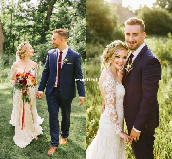 Bohemian Sheer Jewel Neck Wedding Dresses With Long Sleeve Full Lace Sheath See Trough Back Sweep Train Spring Garden Bride Gown