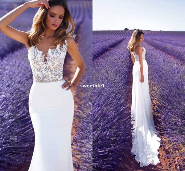 Modest Milla Nova Sheer Jewel Neck Wedding Dresses Lace Appliques Back Button Sheath Chiffon Court Train Country Bridal Gown Custom
