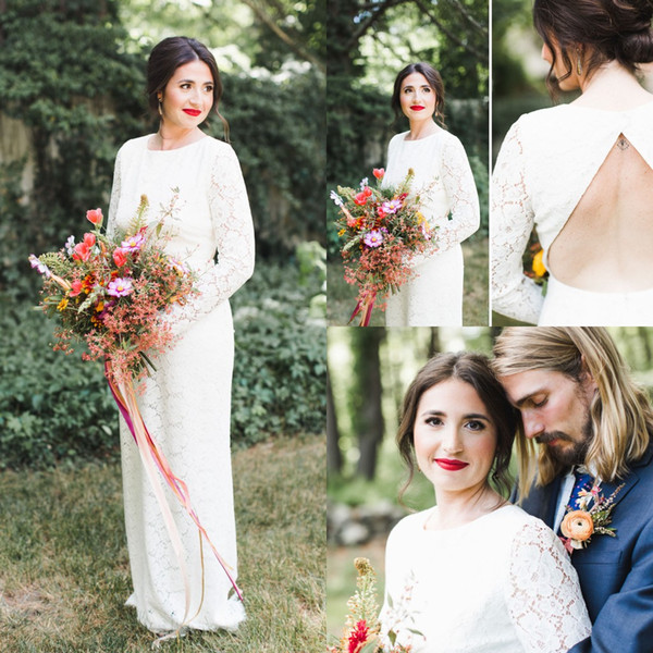 Outdoor Garen Lace Long Sleeve Bridal Gown Backless Floor Length Sheath Elegant Backless Bohemian Wedding Dresses Custom Made