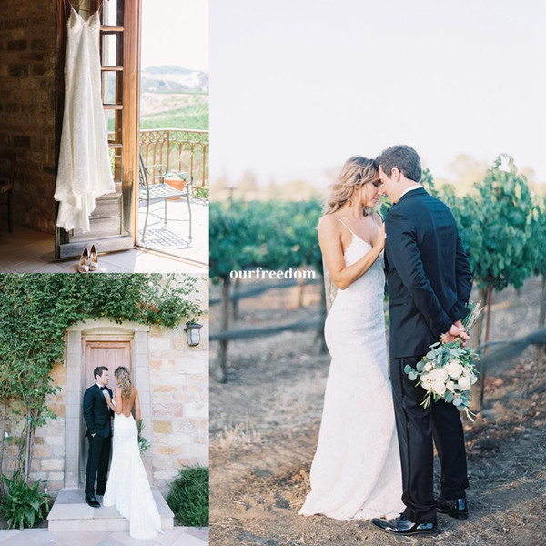 Simple Design Lace Wedding Dresses Spaghetti Straps Full Lace Sweep Train Sexy Backless Chic Rustic Bridal Gown Bohemain Beach Sale