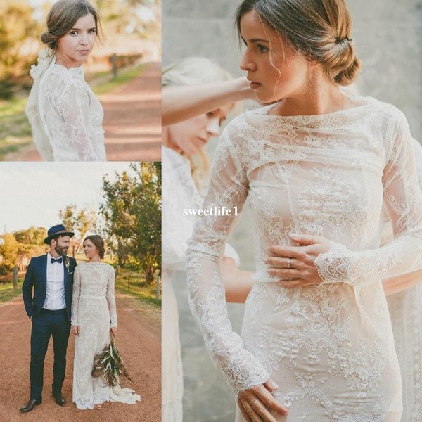 Elegant Long Sleeve Full Lace Wedding Dresses Jeweal Neck Sweep Train Zipper Back Boho Country Style Bridal Gowns Custom Made