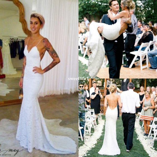 Sexy Backless Wedding Dresses Full Lace Sheath Sweep Train Spaghetti Boho Beach Bridal Gown Cheap