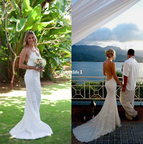 Sexy Boho Sheath Wedding Dresses Backless Full Lace Spaghetti Straps Beach Bridal Gown Cheap Hot Sale