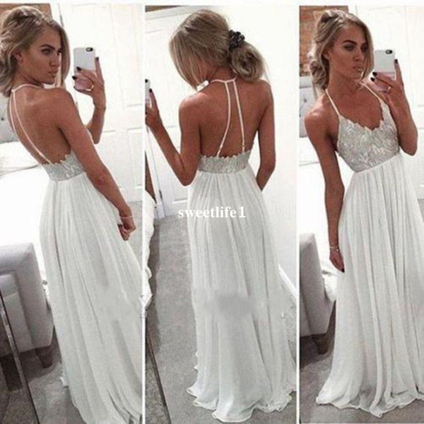 Sexy Backless White Chiffon Wedding Dresses Spaghetti Appliques Floor Length Boho Beach Bridal Gown Cheap Sale