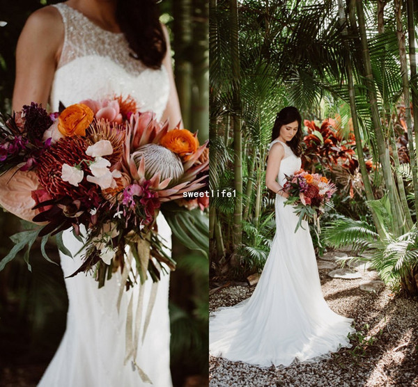 Bohemian Style Beach Wedding Dresses Crystal Beaded With Collar Sheath Sweep Train Outdoor Garden Bridal Gown Custom Made Zipper Back