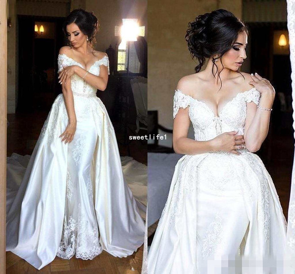 Elegant Sheath Wedding Dresses With Detachable Train Off The Shoulder Lace Appliques Beads Bridal Gowns Long Train Overskirts Wedding Dress