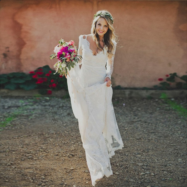 Sheath V-neck Lace Backless Bridal Gowns Long Sleeves Lace Boho Wedding Dress For Garden Rustic Style Hot Sale