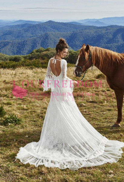 Bohemian Open Back Lace Wedding Dress with Bell Sleeves Custom Size Bridal Gown Sweep Train Custom Made