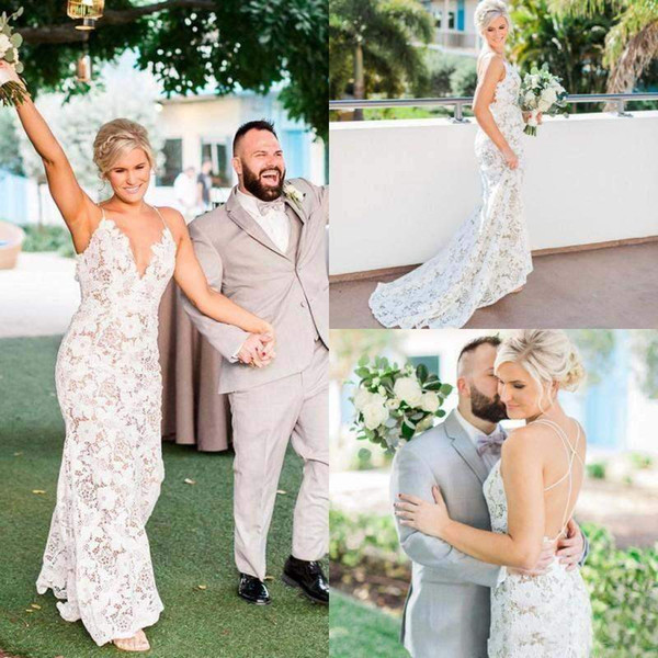 Sexy Backless Sheath Wedding Dresses New Spaghetti Backless Full Lace Beach Garden Bridal Gown Cheap Custom Made Cheap