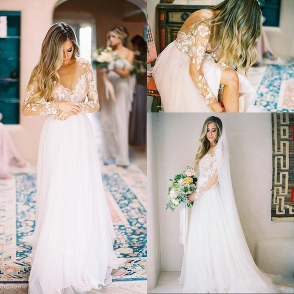Sexy Beach Wedding Dresses Sheath Sweetheart Neckline Backless Illusion Long Sleeve Sweep Train Chiffon Wedding Dresses DTJ