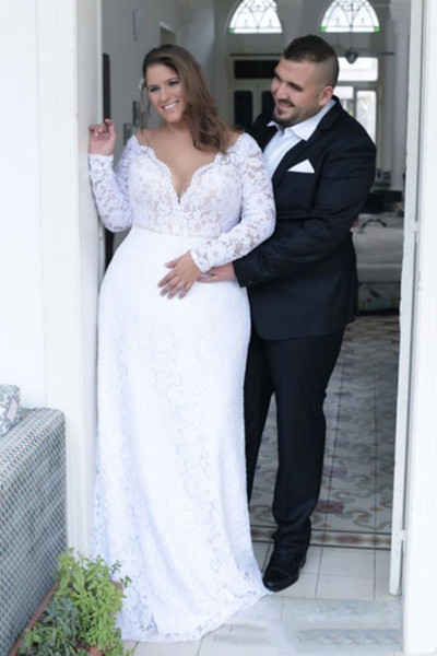 Lace Plus Size Wedding Dresses V Neck V-back A Line New Long Sleeves Bridal Gowns Vestido De Novia Country Sheath Wedding Gowns