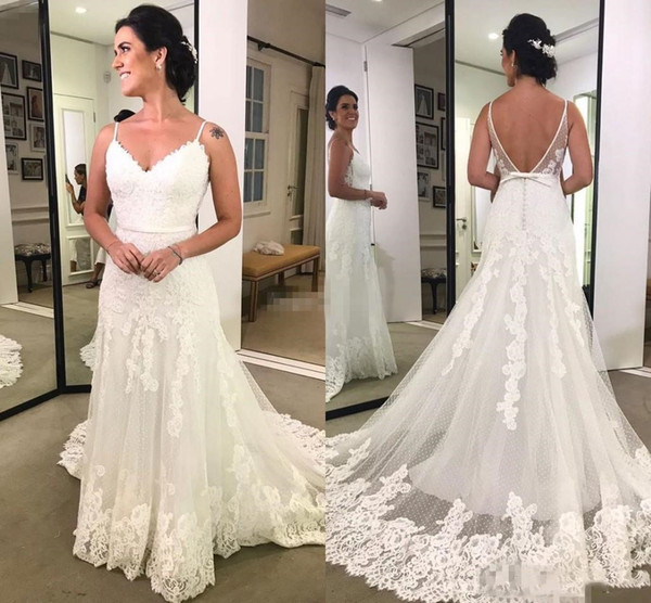 Charming Sheath Wedding Dresses Spaghetti Straps With Sweep Train Backless Sleeveless Formal Lace Bridal Gowns Custom Made