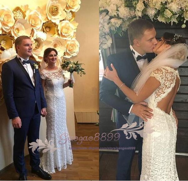 simple Cheap lace sweep train Sheath Wedding Dress with backless vintage sheer lace short Sleeve country garden beach Bridal Gowns