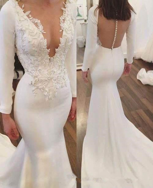 Elegant New Design White Mermaid Dresses Deep V-Neck Button Back Appliques Plus Long Sleeve Party Dresses Gowns