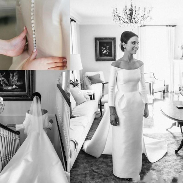Clean and Modern Long Sleeves Wedding Dresses Bridal Gowns Off Shoulder Pleats Sheath Beach Formal Bridal Dress Back Covered Button
