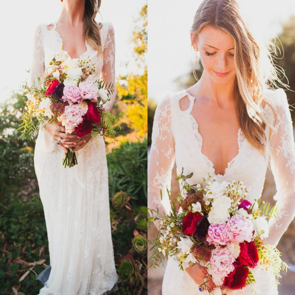 Sheath Boho Wedding Dresses With Lace Long Sleeves V Neck Vintage Sweep Train Backless Bridal Gowns Custom Made Cheap High Quality
